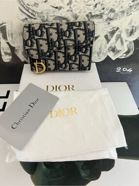 Christian Dior Oblique Canvas Mini Wallet in Navy and Beige